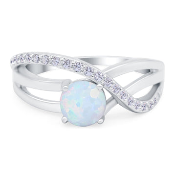 Art Deco Wedding Crisscross Ring Round Lab Created White Opal 925 Sterling Silver